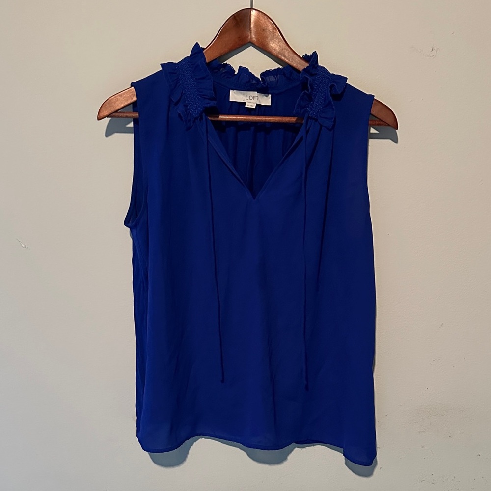 LOFT Cobalt Sleeveless Ruffle Blouse